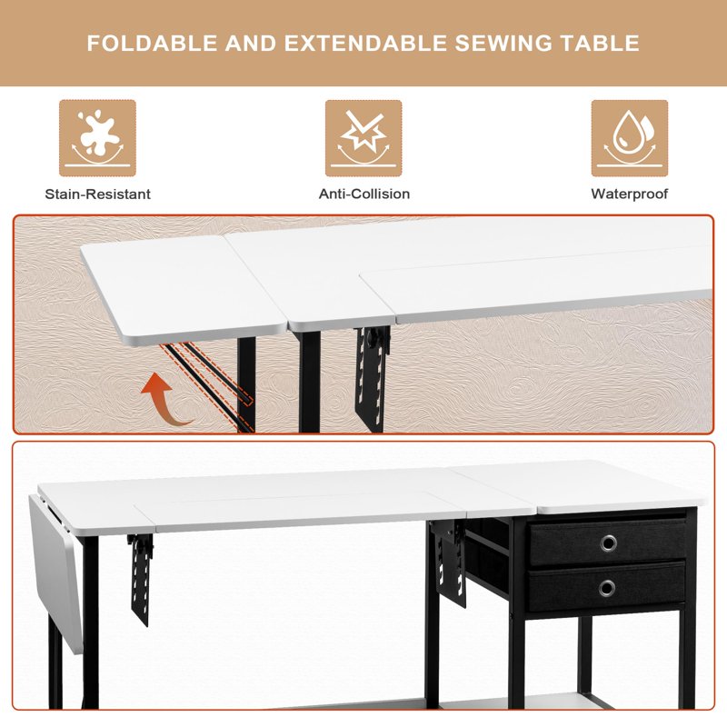 Foldable Sewing Machine Table with Storage Shelf and Adjustable Platform