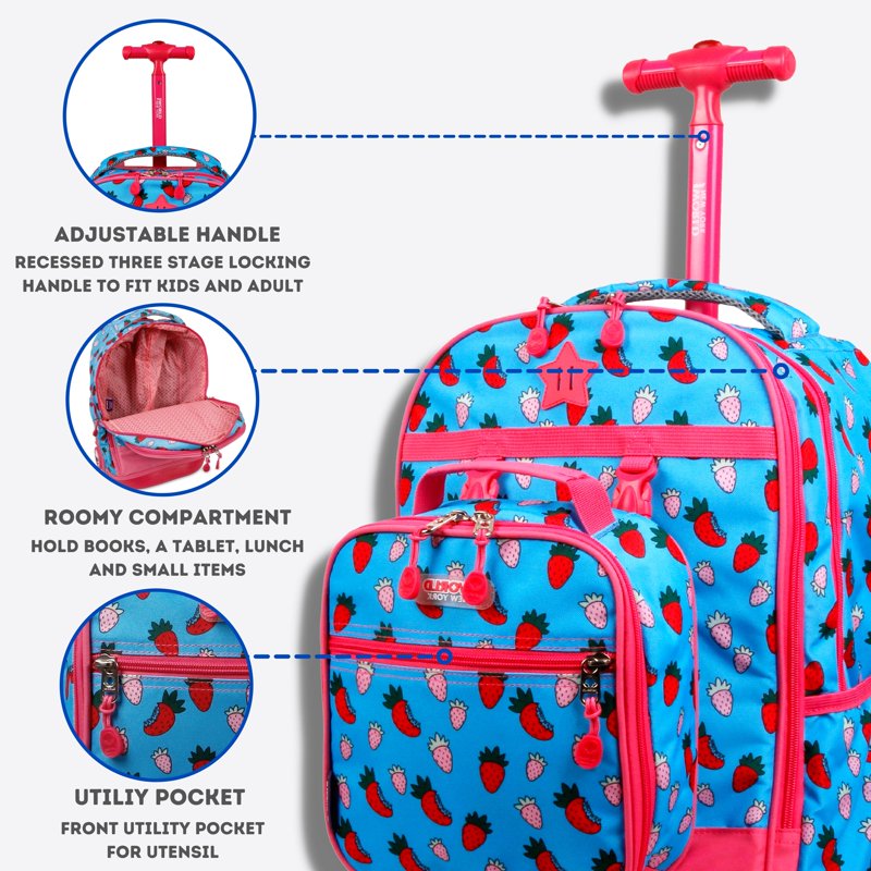 Kids Rolling Backpack with Detachable Lunch Box Set - School Bag for Girls
