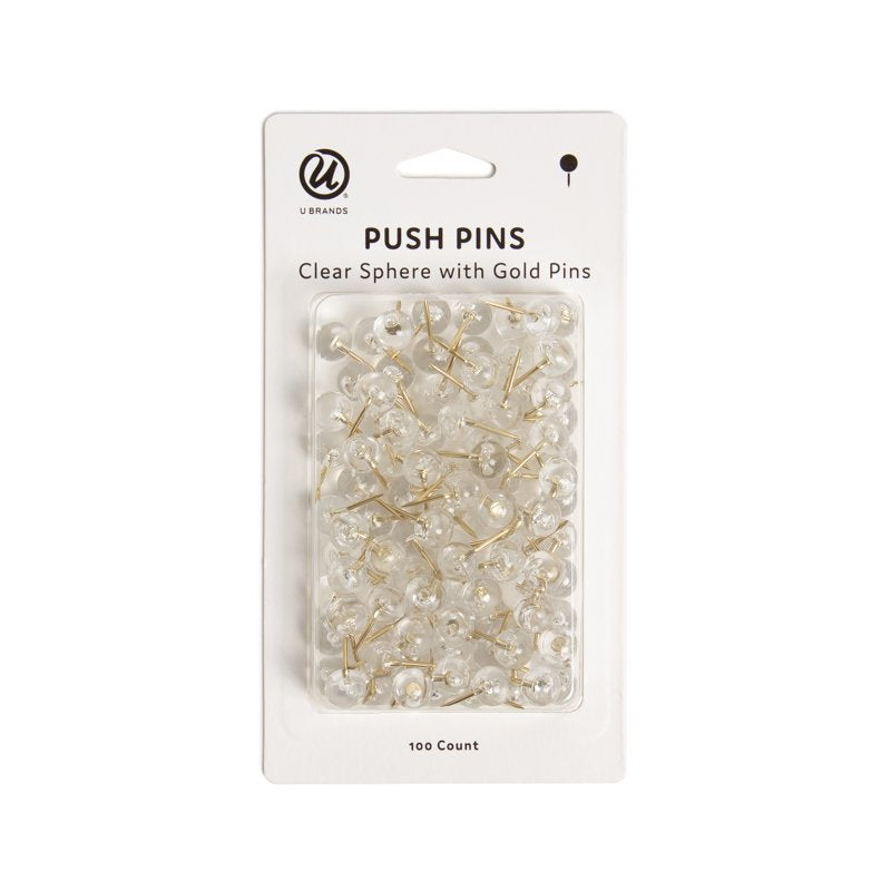 Clear Sphere Push Pins with Gold Finish - 100 Pack for Office & Home