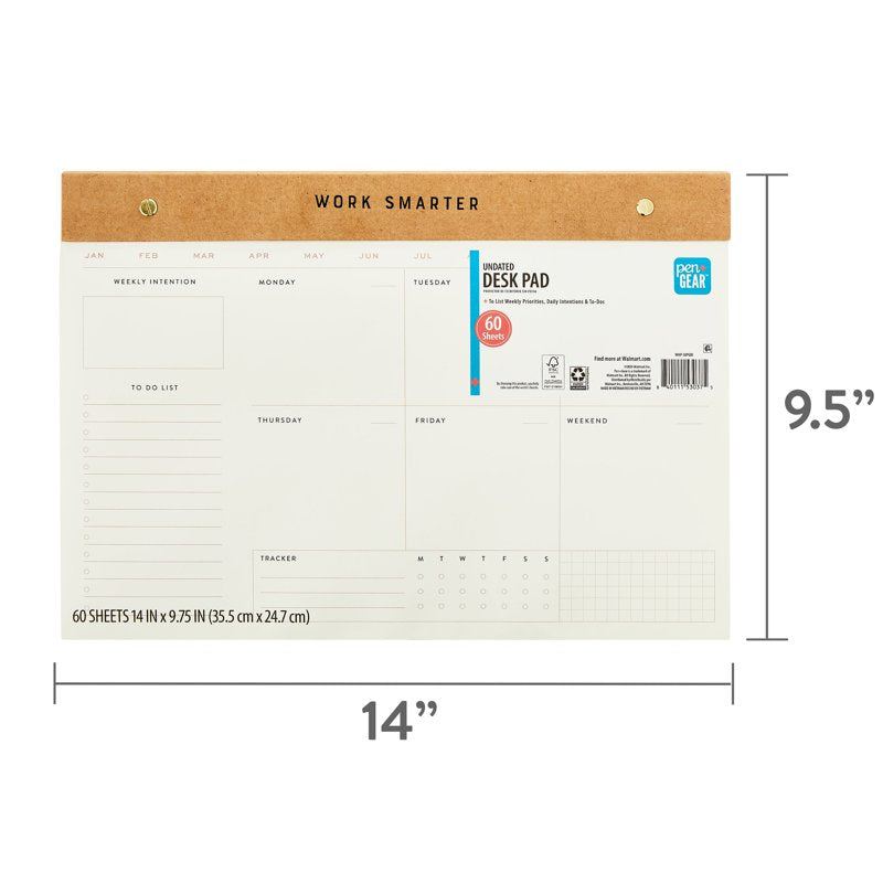 Desk Pad Weekly Planner - Undated Kraft 14 x 9.75 Inch with 60 Sheets