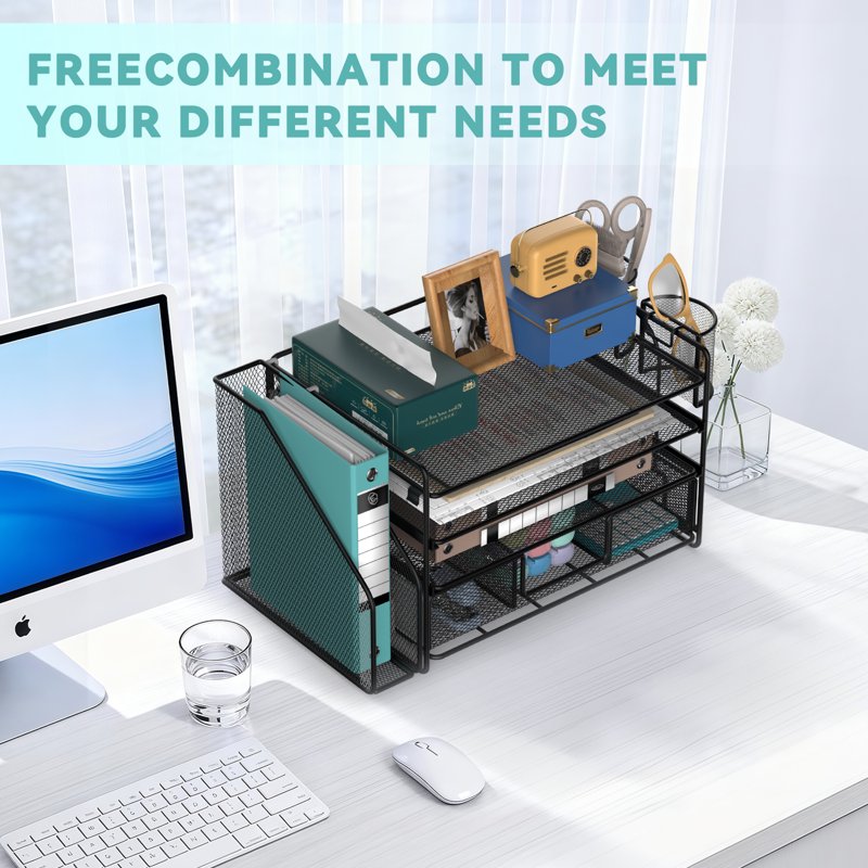 4-Tier Desktop File Organizer with Drawer and Pen Holders - Office Desk Accessories