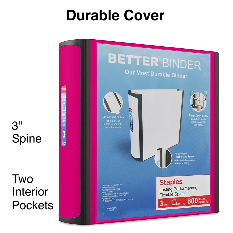 Pink 3-Inch D-Ring Binder for Office Documents, Holds 600 Sheets