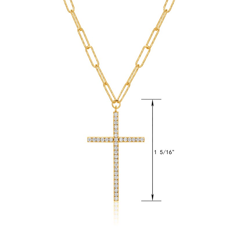 Gold & Silver Paperclip Necklace with Cubic Zirconia Cross - Gift for Her, 18" + 3" Extension