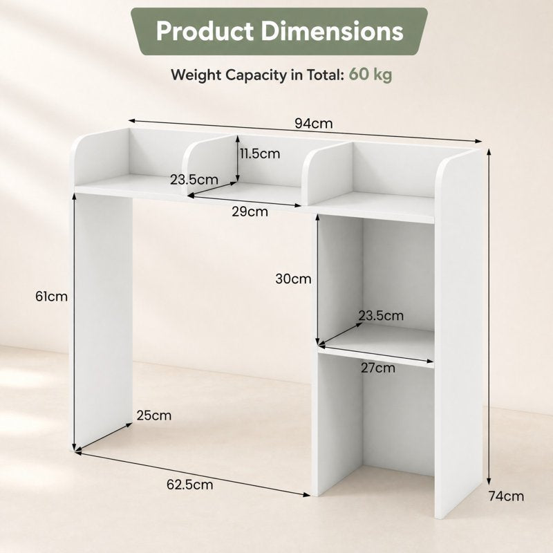 3-Shelf Modern Desk Bookcase with Open Compartments - White, 29 inches