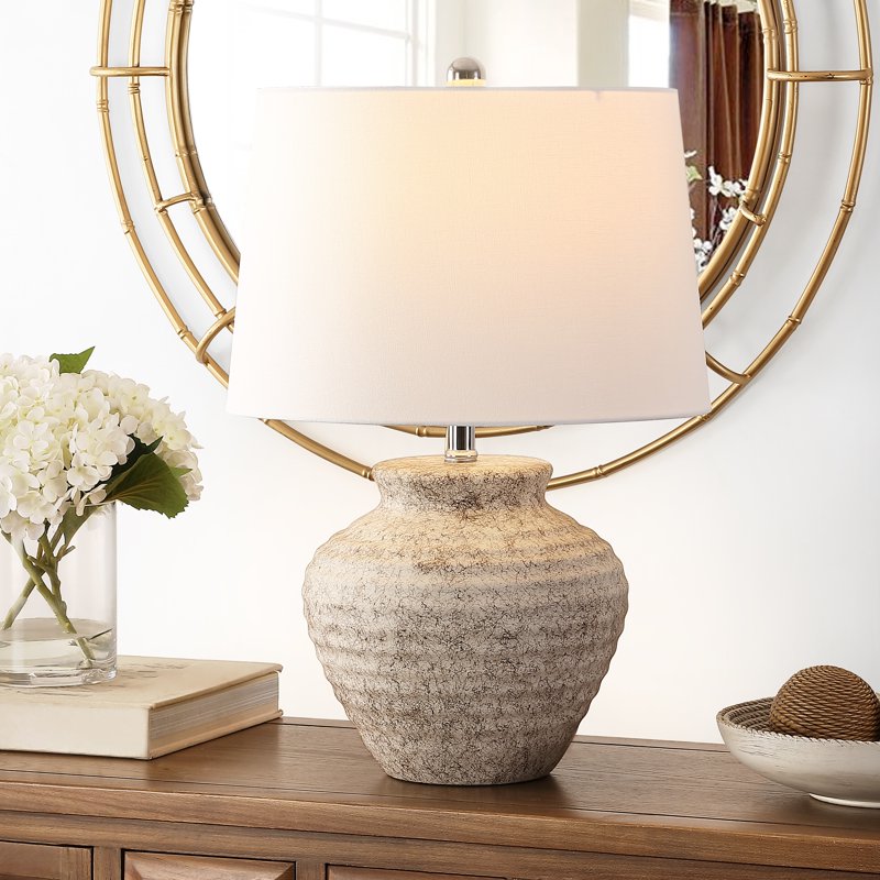 Contemporary Ceramic Table Lamp with Cotton Shade - Light Grey Finish