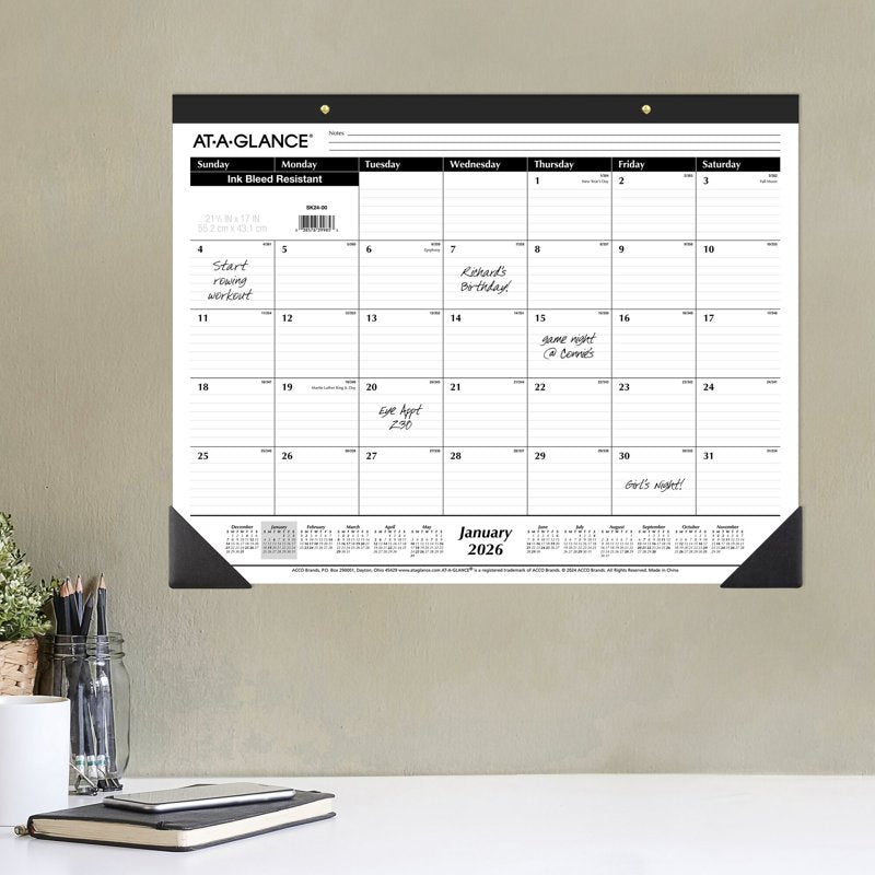 Large 2026 Monthly Desk Pad Calendar with Julian Dates - Covers Jan-Dec, 12 Months, 21 3/4" x 17"