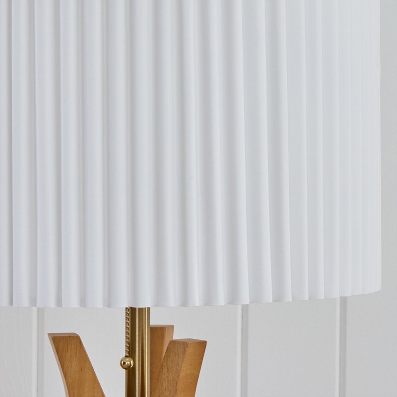 Natural Wood Tripod Floor Lamp with Pleated Shade and Shelf