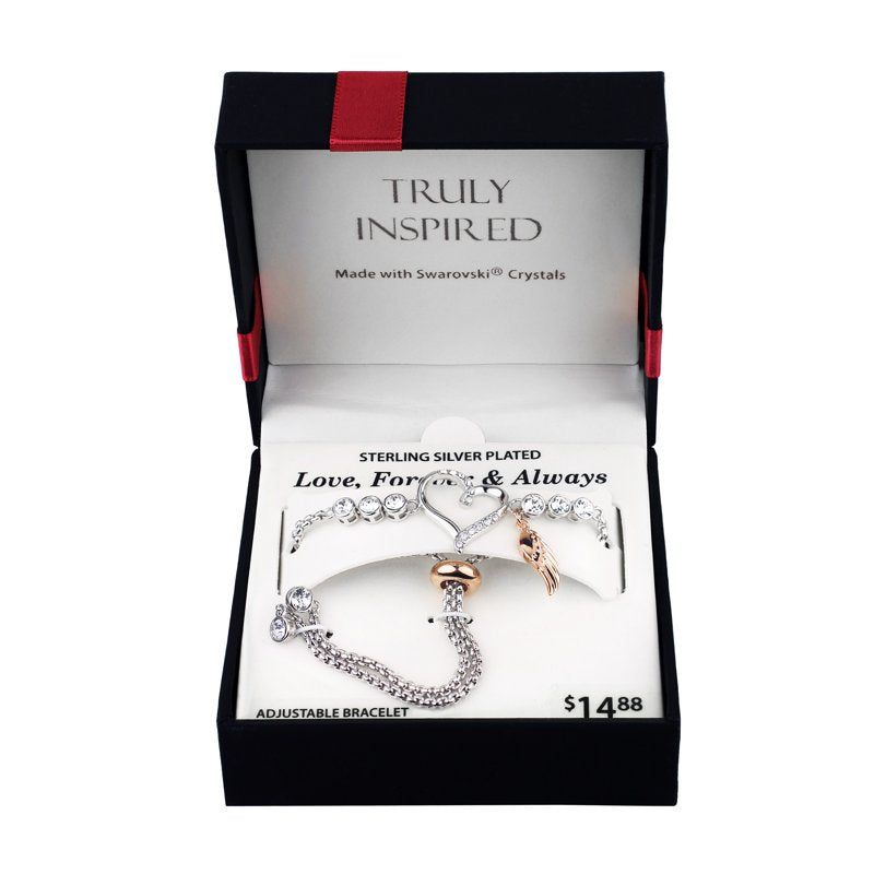 Adjustable Sterling Silver Plated Crystal Heart Wing Bracelet