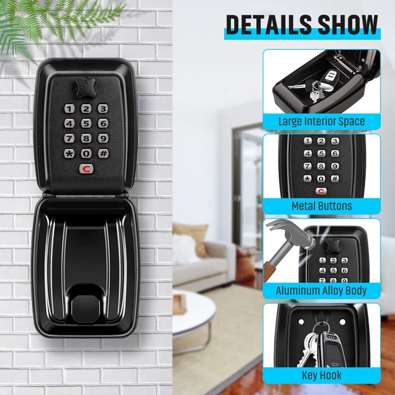 Outdoor Waterproof Wall Mount Key Lock Box with 12-Digit Combination for Home and Garage Security