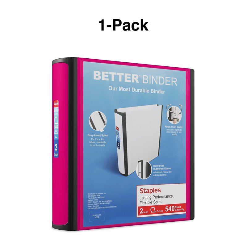 2-Inch Pink Three-Ring Binder - Heavy Duty 540-Page Capacity, Office Organization