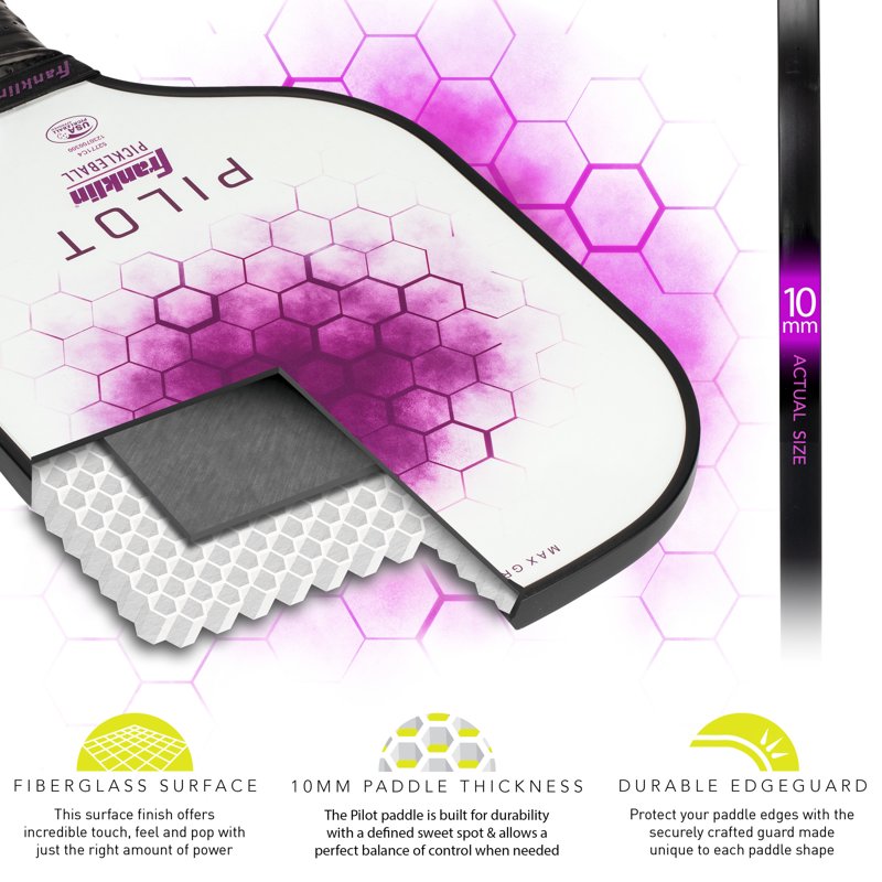 Pilot Pickleball Paddle with Polypropylene Core - Franklin Sports USAPA Approved, Lightweight 7.7-8.2 oz, White/Purple