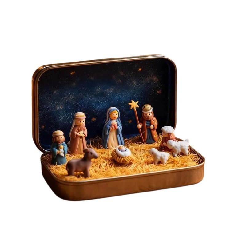Mini Nativity Set in Decorative Tin Box - Portable Religious Figurines for Travel & Home
