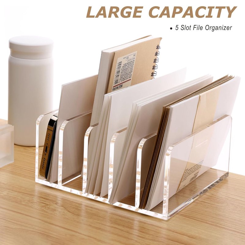 Acrylic Desk File Organizer Holder - 5 Clear Mail Sorter & Document Racks