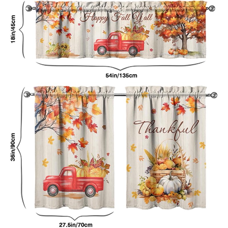 Fall Pumpkin Kitchen Curtains Valances and Tiers Set for Windows - Autumn Truck Maple Leaves 3-Piece