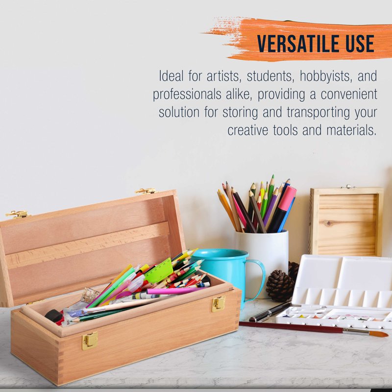 Unfinished Beechwood Artist Tool Storage Box with Removable Tray & Locking Clamps