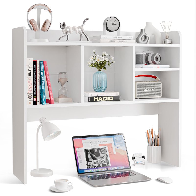 Desktop Bookshelf Storage Hutch with 4 Shelves - White Wood Frame Space Saver