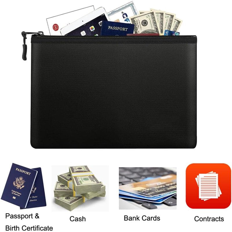 Fireproof Document Bag Water-Resistant Money Pouch with Zipper for Travel & Safety
