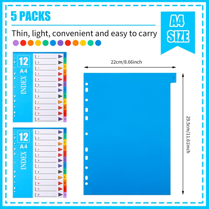 60-Tab Binder Dividers Set with 12 Color-Coded Tabs for 3-Ring Binders, Waterproof Plastic Office & School Supplies