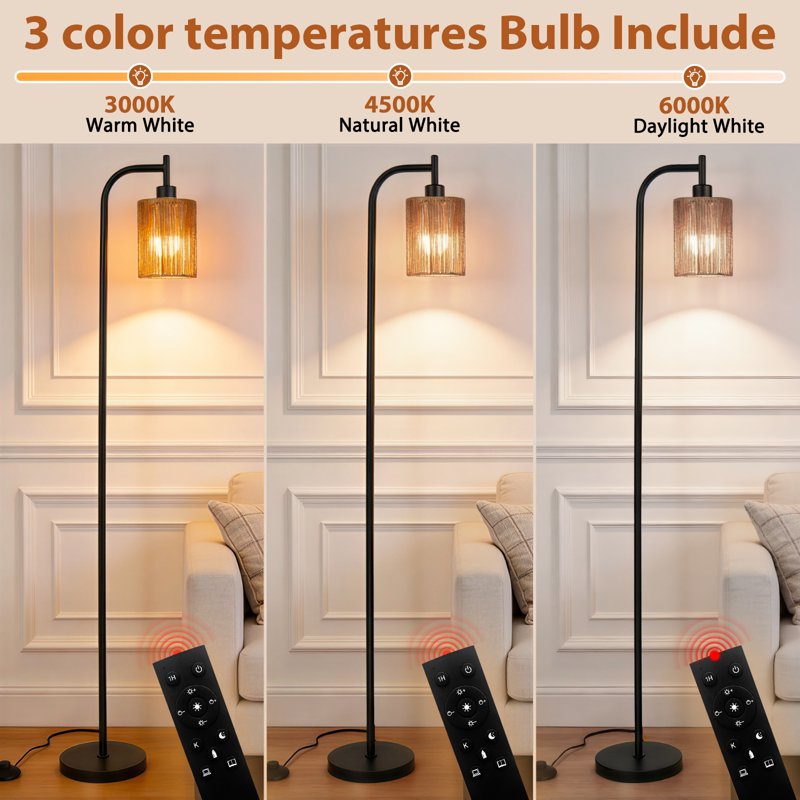 66-Inch Rattan Floor Lamp with Remote Control, Dimmable & Adjustable Color Temperature