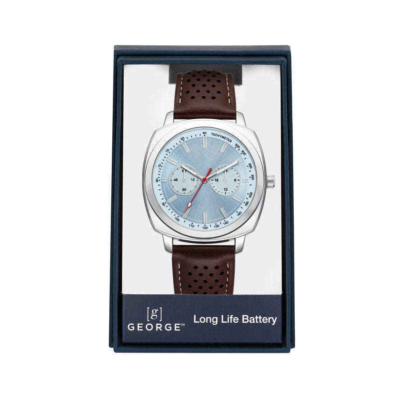 Men's Silver-Tone Leather Strap Watch with Blue Dial and Sporty Design