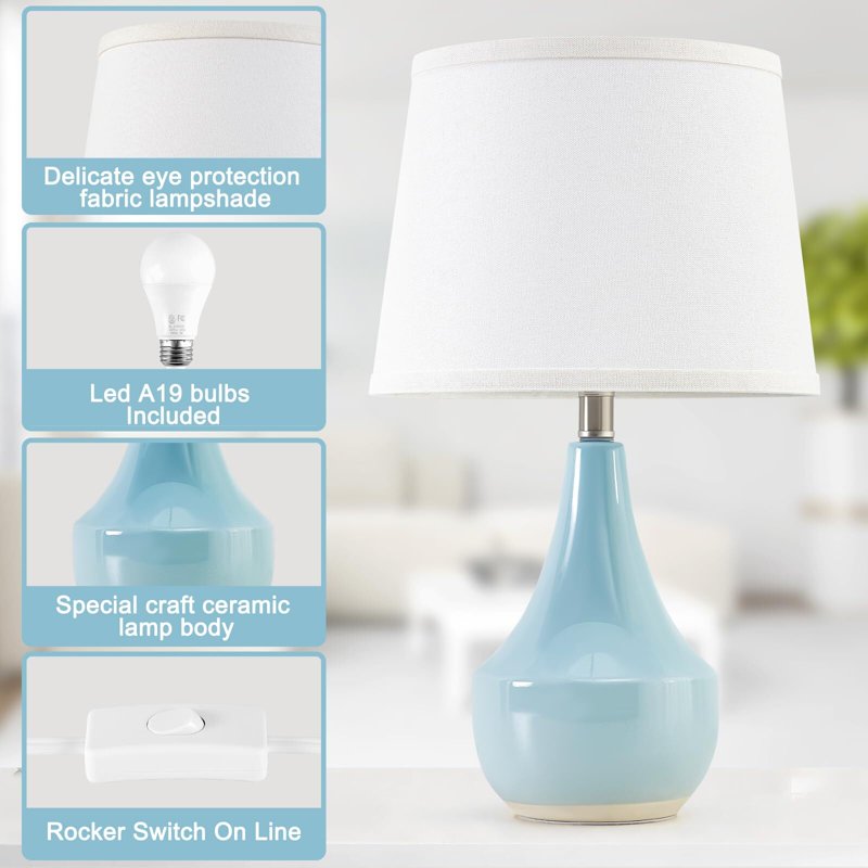 Set of 2 Modern Ceramic Table Lamps with Fabric Shades - Sky Blue, Green, Pink & More