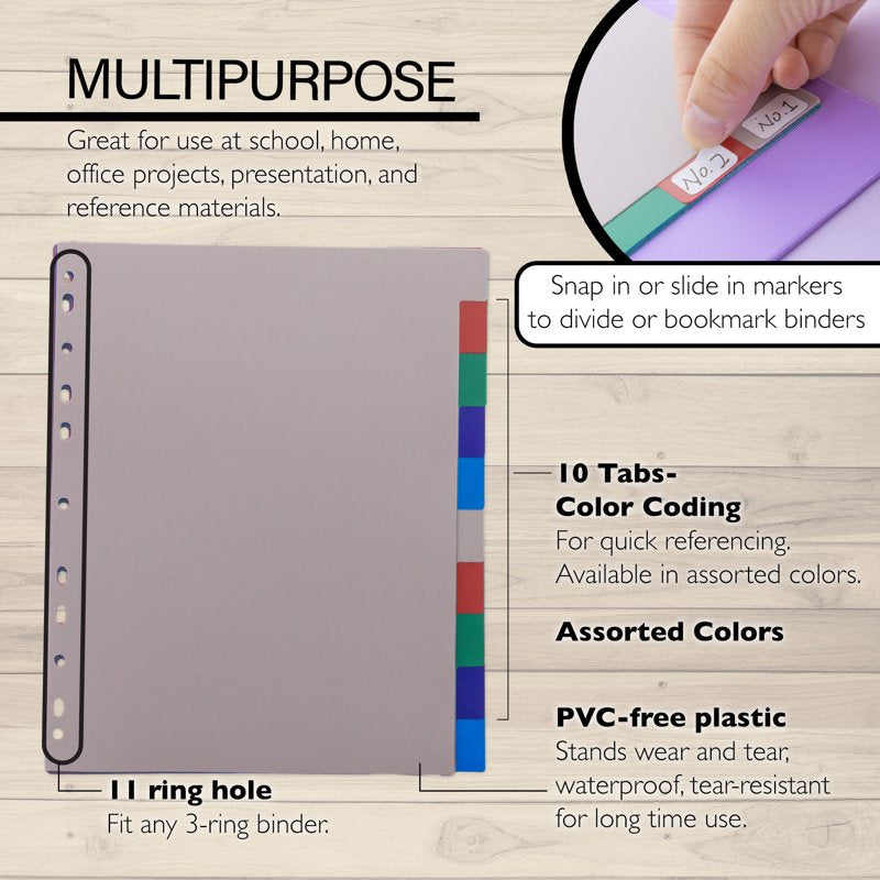 10-Color Binder Dividers with Tabs - 11-Hole Index Tabs, Multi Pack