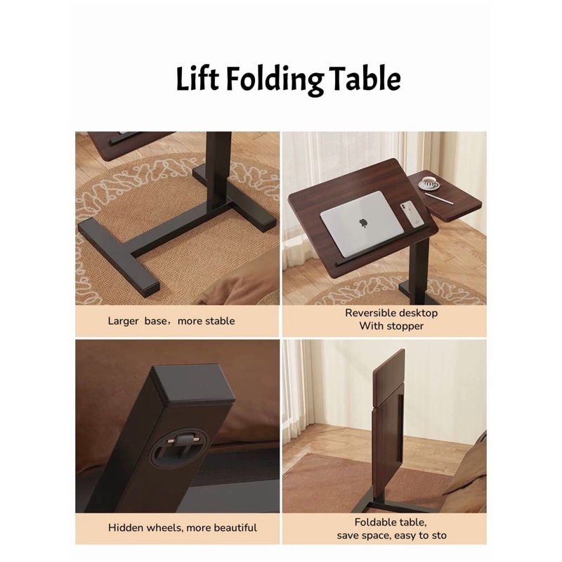 Overbed Table Folding Laptop Desk with Wheels - Walnut & Black, Height Adjustable, Tilting Bedside Table