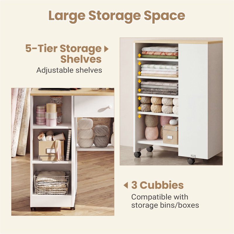 Rolling Sewing Craft Table with Storage Drawer & Lockable Wheels