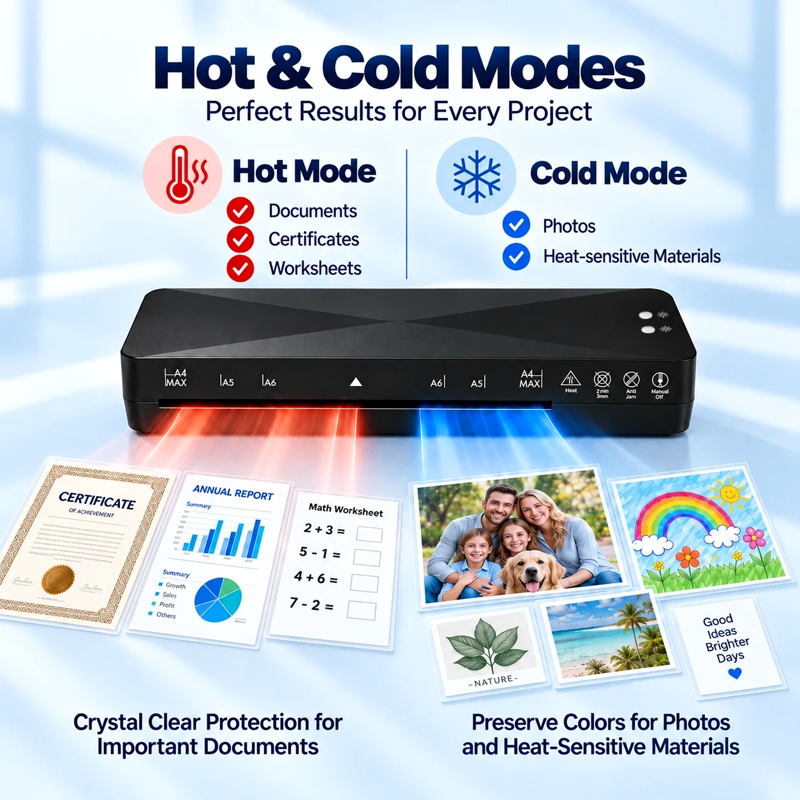 A4 Thermal Laminator Machine with Hot Cold Modes, Fast Warm Up, Jam Release, Bubble-Free for Home Office School