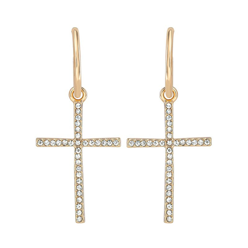 Women's Drop Hoop Earrings with Rhinestone Cross Pendant - Gold Tone