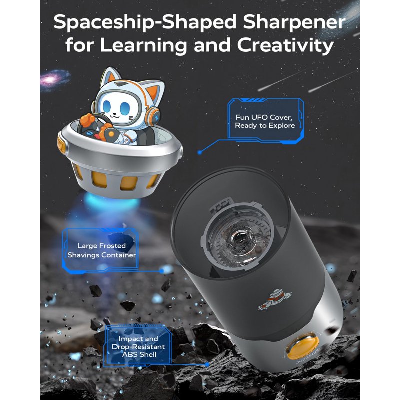 Electric Pencil Sharpener - Auto, Hands-Free, Space Ship Design, Adjustable Sharpness