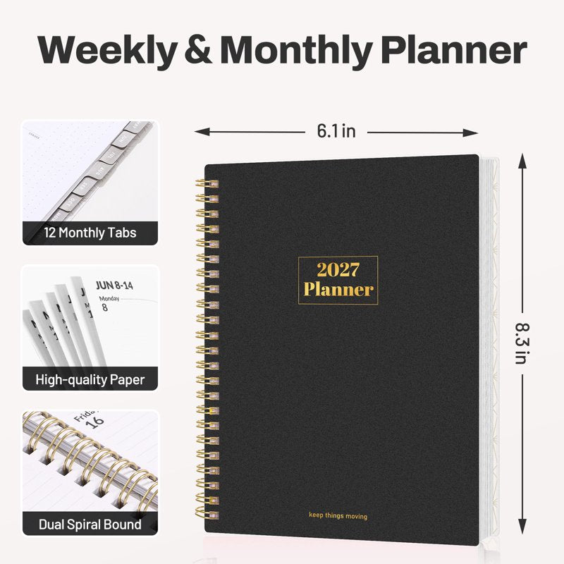 2027 Weekly & Monthly Planner - Spiral Bound, Portable Agenda, Black, 6.4x8.3 Inches