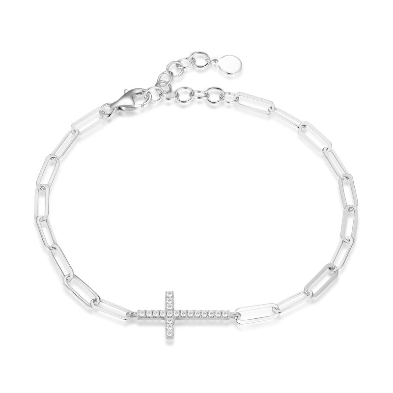 Sterling Silver CZ Cross Paperclip Bracelet with Extender - Hypoallergenic Jewelry
