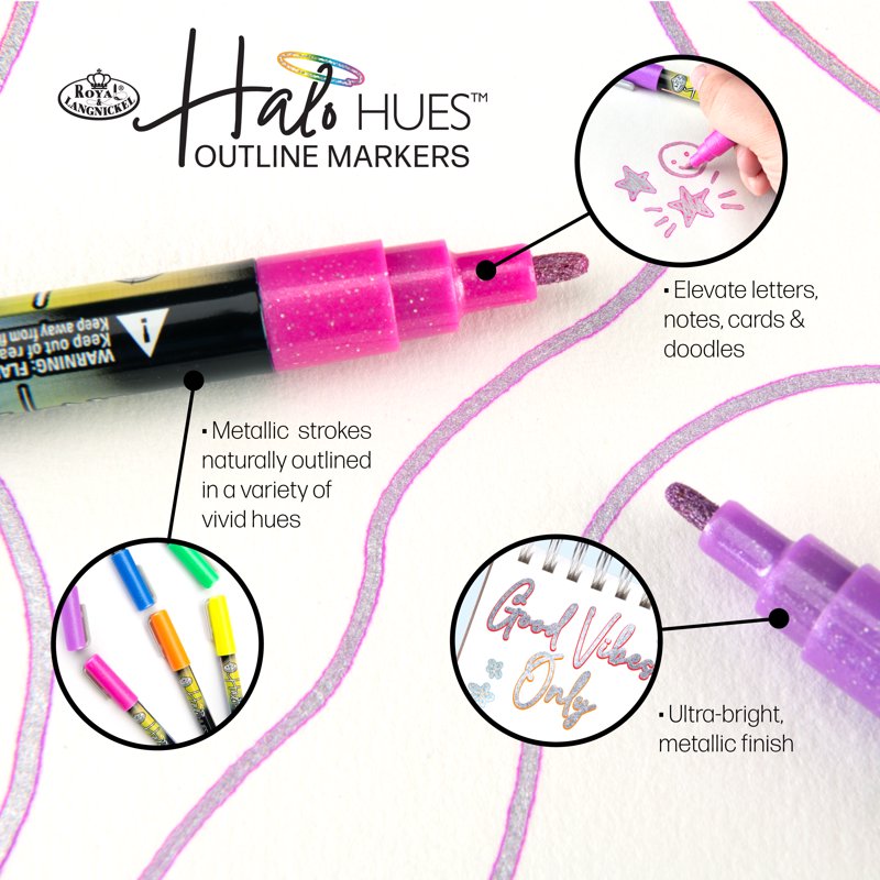 6-Piece Outline Marker Set - Vibrant Halo Hues for Art & Crafting