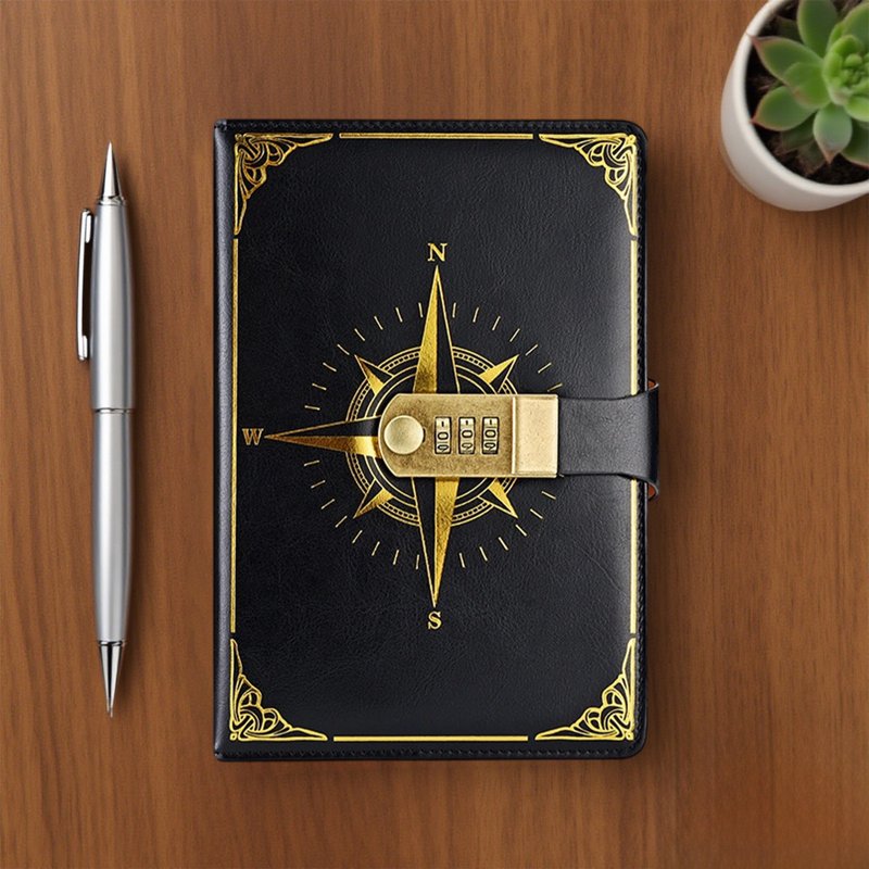 Lockable Diary with Combination Lock & Compass Design - Faux Leather Journal for Secure Writing