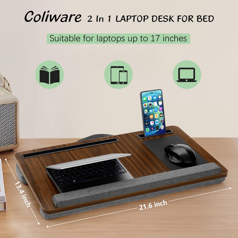 Lap Desk with Dual Cushion Ledge & Mouse Pad - 21.6in Portable Computer Stand, Brown (Variation: Brown)