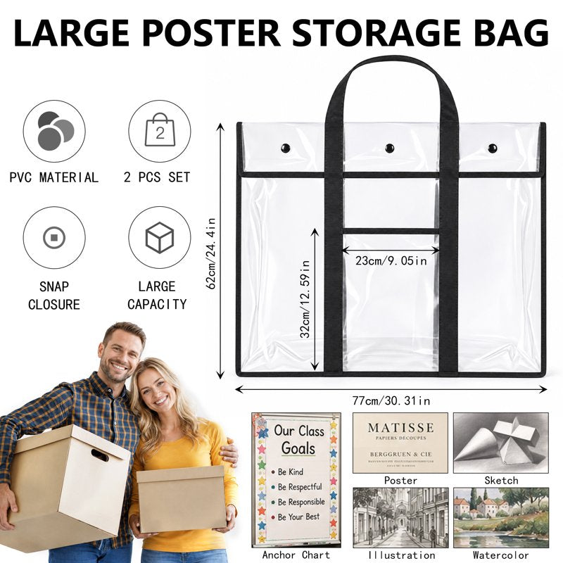 Large Art Portfolio Bag 2 Pack - 30 x 24 Inch Poster Storage with Handle & Front Pocket