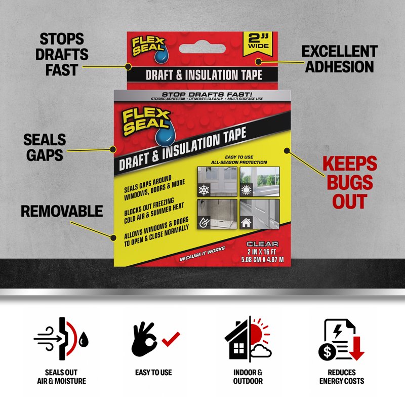 Clear Draft and Insulation Tape - 2" x 16' Weatherproof Sealing Tape