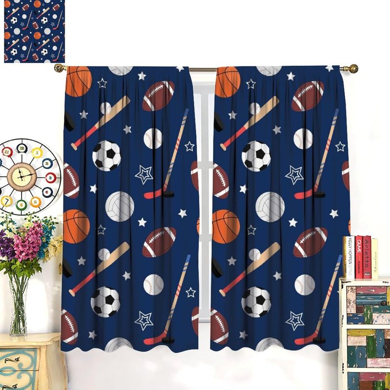 Sports Theme Curtains for Kids Bedroom & Living Room - Cartoon Basketball Football Soccer Print Insulated Drapes, 2 Panels