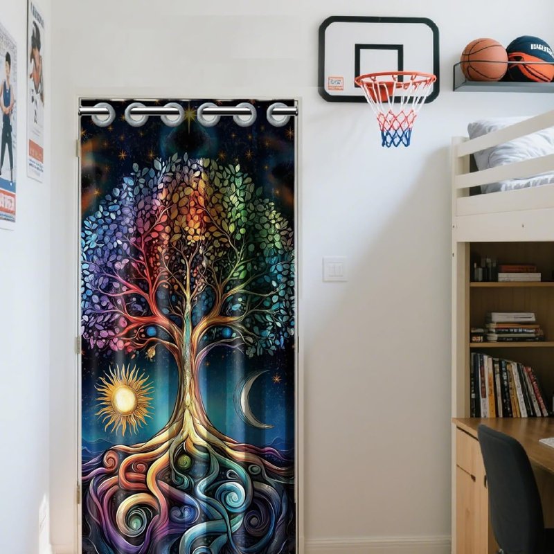 Tree of Life Door Curtain - Bohemia Style Room Divider with Sun & Moon Pattern