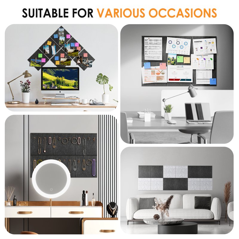 Large Felt Bulletin Boards Pack 6 - Customizable Wall Tiles for Office & Home