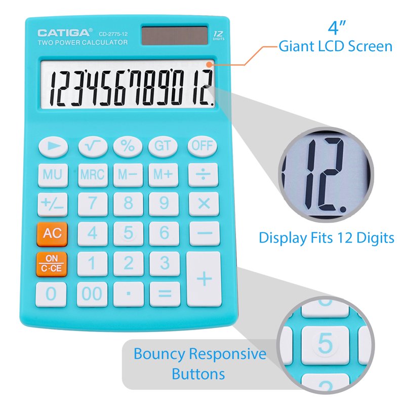 Handheld Calculator 12-Digit LCD Display Office School Light Blue