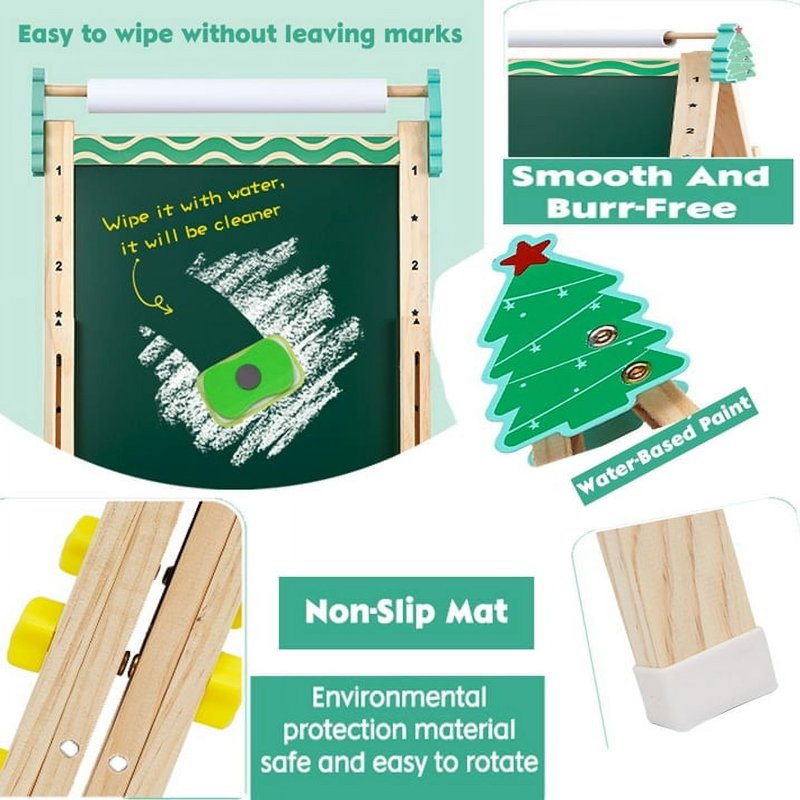 Kids Wooden Art Easel with Paper Roll Double-Sided Adjustable Stand & Accessories
