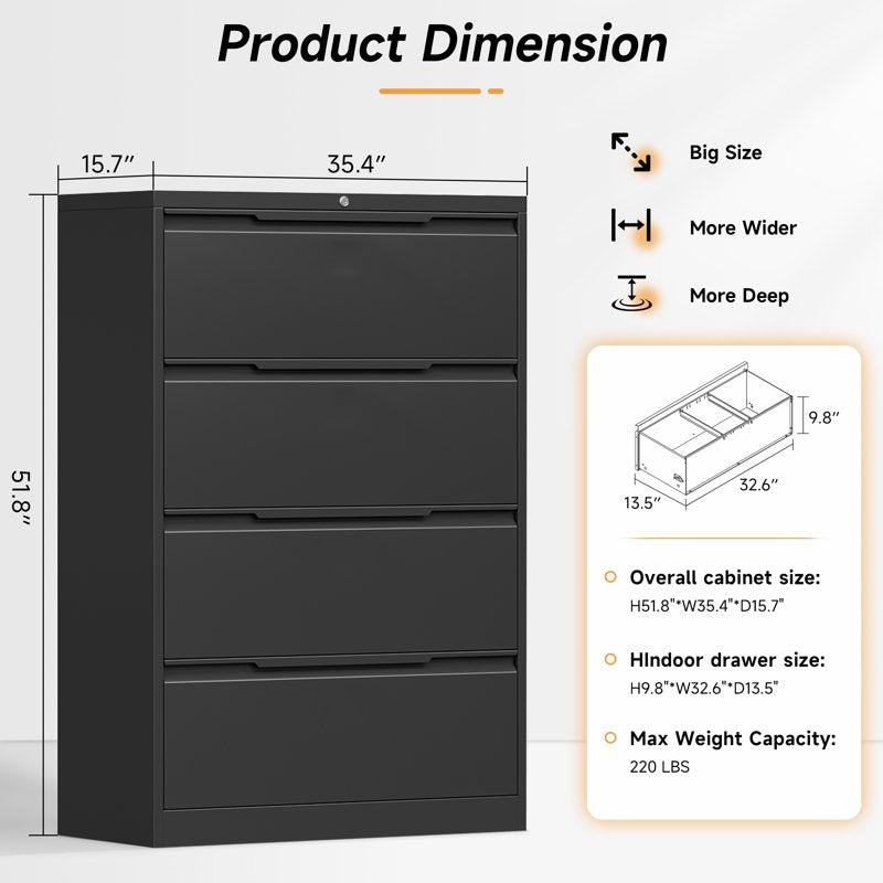 Metal Lateral File Cabinet with Lock - Office Storage for Hanging Files