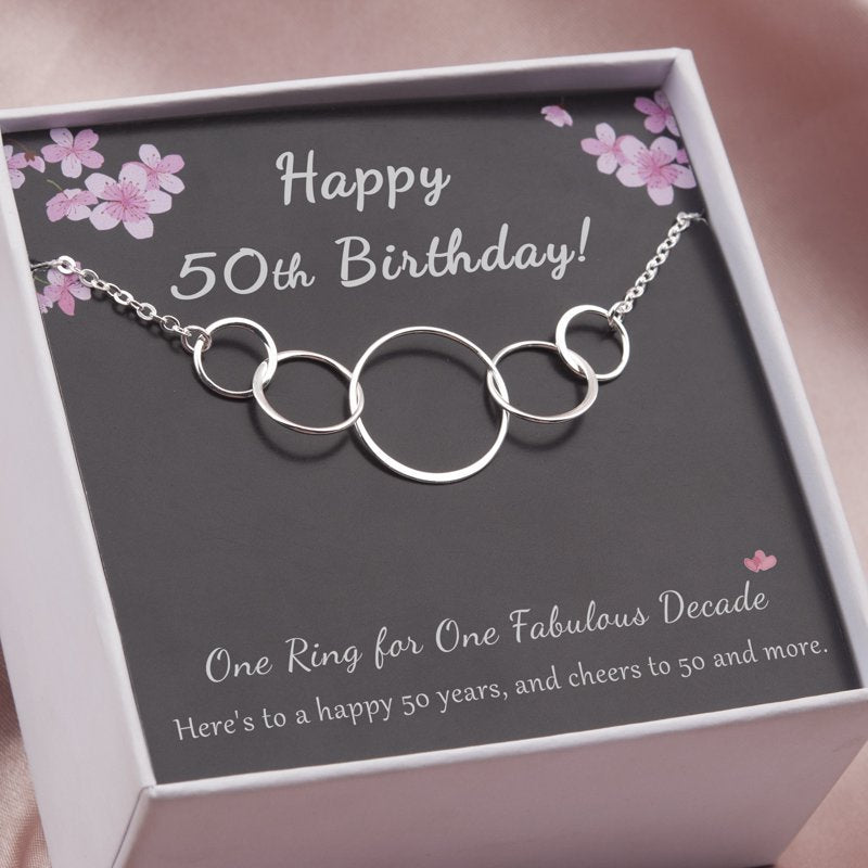 Sterling Silver 50th Birthday Necklace with 5 Circles for Women - No Custom