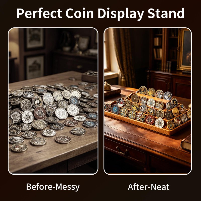 4-Tier Solid Wood Challenge Coin Display Stand - Walnut Collector's Organizer