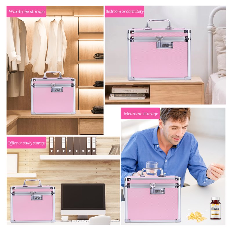 Secure Lock Box with Code Combination for Jewelry, Medicine, and Valuables - Pink, Compact 7.25"x7.75"x10"