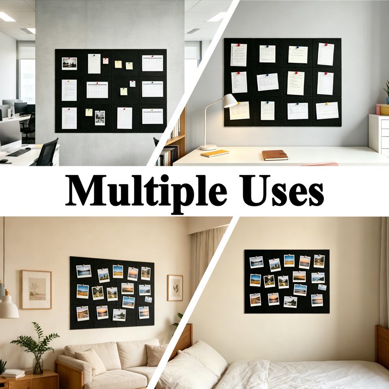 Modular Felt Bulletin Board Tiles Set - Self-Adhesive Cork Boards for Office & Home, 48x36 Inches, Black