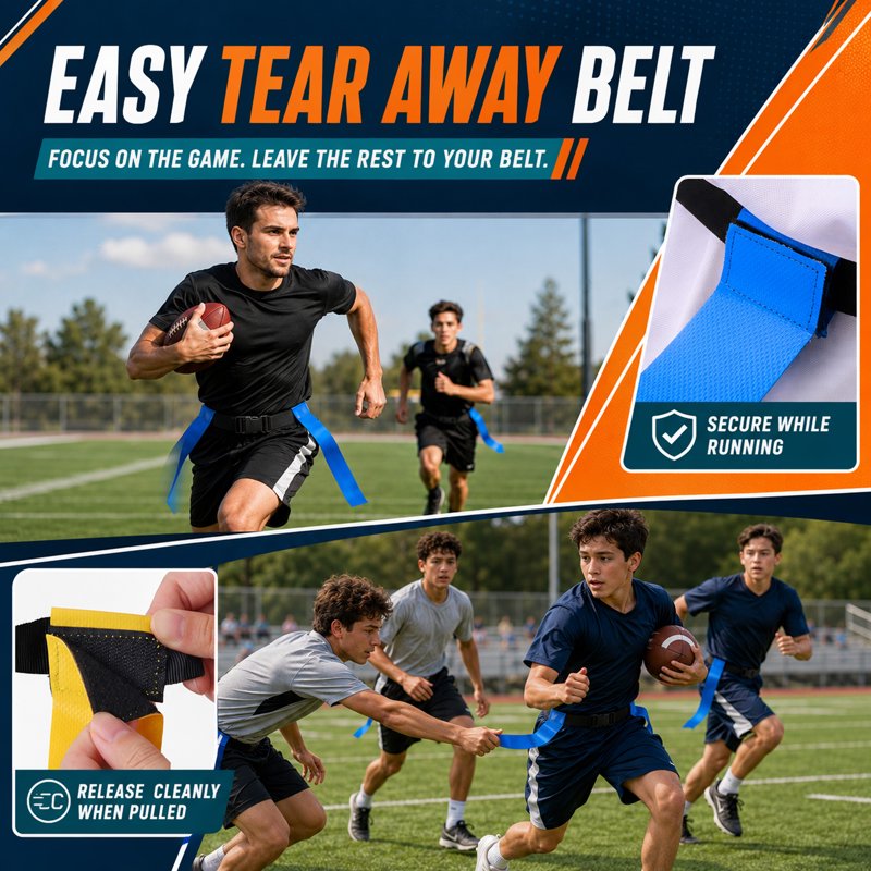 Flag Football Belts Set with Flags Cones Whistles & Carry Bag - Adjustable for Team Training
