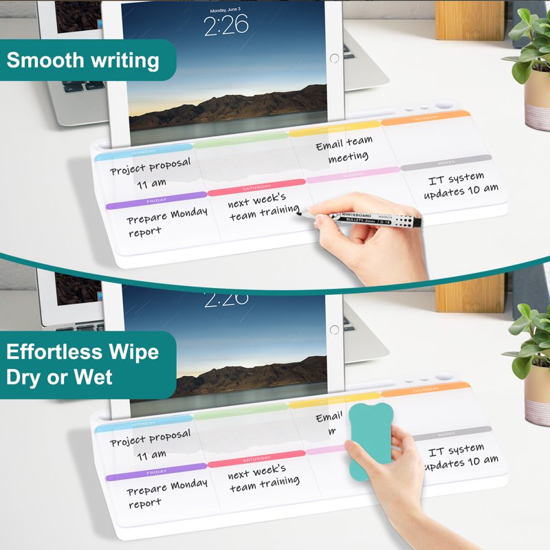 Glass Desktop Whiteboard with Storage - Weekly Calendar & Office Organizer